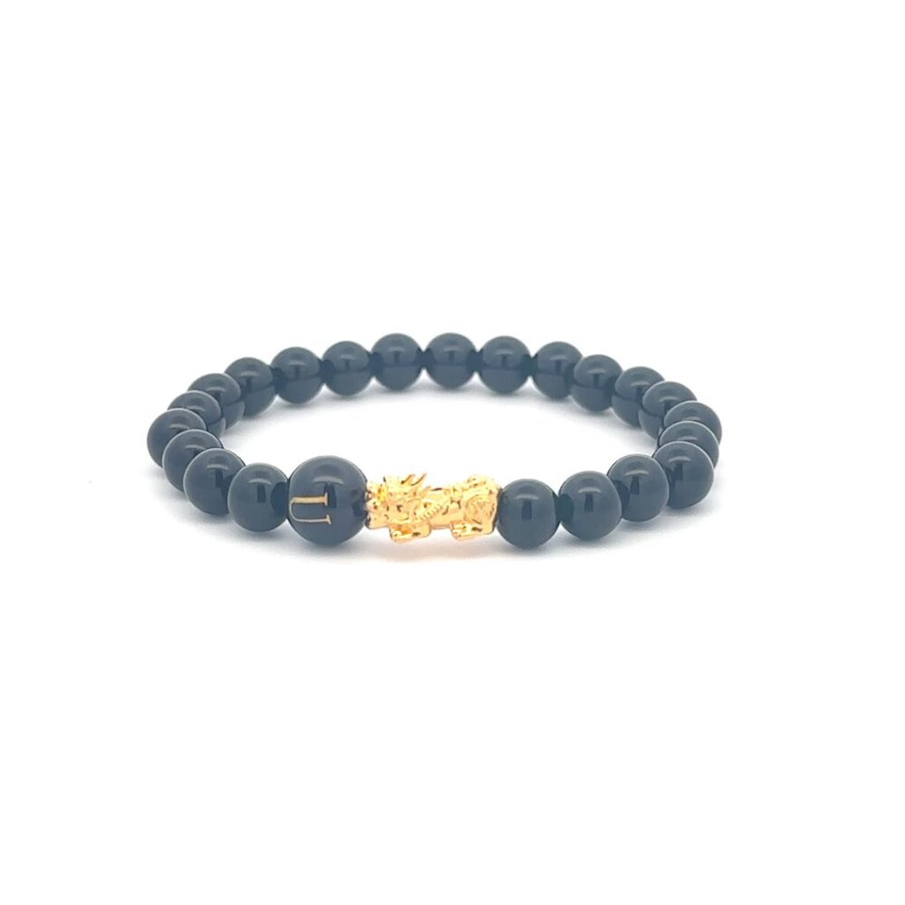 18K Gold Pixiu Piyao Bracelet Gemstones Onyx 6mm Elastic Bracelet Letter U